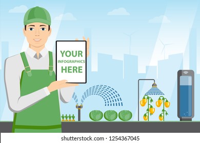 Modern farmer with tablet computer in a greenhouse. White screen, you can add your infographic here.
