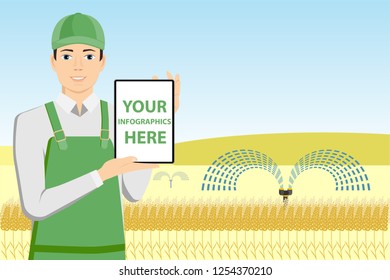 Modern farmer with tablet in a wheat field. White screen, you can add your infographic here.