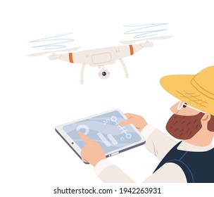 Modern farmer using drone for agriculture. Smart farm concept. Man analyzing, inspecting and controlling farming remotely with UAV. Colored flat vector illustration isolated on white background