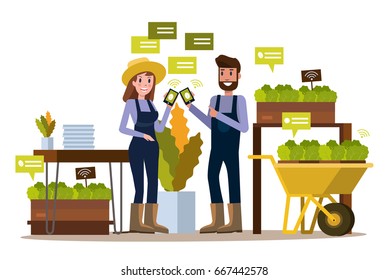 Modern farmer using smartphone  in greenhouse. Smart agriculture farming and internet of thing concept. flat design elements. vector illustration