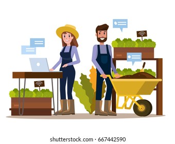 Modern farmer using tablet  in greenhouse. Smart agriculture farming and internet of thing concept. flat design elements. vector illustration