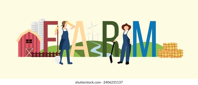 Modern farmers with word FARM on light background