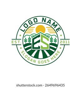 Modern Farmhouse ES Logo Design. Letter ES Agriculture Logo with Sun, Field, and Nature Elements