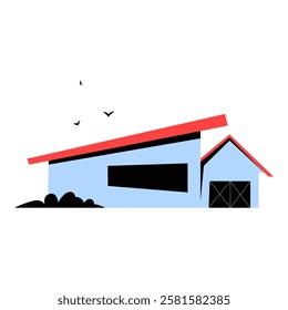 Modern Farmhouse With Slanted Roof And Barn In Flat Vector Illustration Symbolizing Rural Architecture, Agriculture, And Sustainable Living, Isolated On White Background.