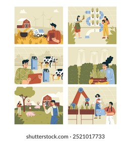 Modern Farming Agriculture Equipment and Technologies with People Character Work Vector Set