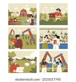 Modern Farming Agriculture Equipment and Technologies with People Character Work Vector Set