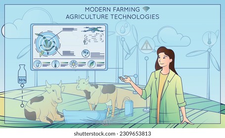 Modern farming agriculture technologies flat line composition with cows milking apparatus female character text and icons vector illustration