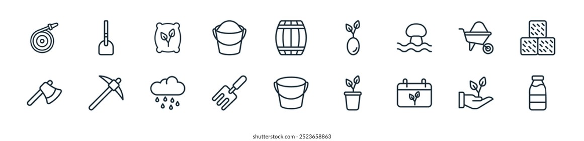 modern farming icon pack. perfect for linear ui designs featuring vector milk, growth, calendar, gardening, bucket, rake, rain and more icons for mobile and web apps.