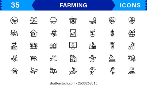 Modern Farming Icon Set Featuring Agriculture, Harvest, Tractor, Crop, and Eco Concepts in a Clean, Professional, and SEO-Optimized Vector Style