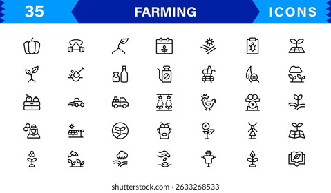 Conjunto de ícones da agricultura moderna com agricultura, colheita, trator, colheita e conceitos ecológicos em um estilo vetor limpo, profissional e otimizado para SEO