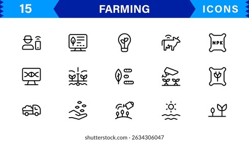 Modern Farming Icon Set Featuring Agriculture, Harvest, Tractor, Crop, and Eco Concepts in a Clean, Professional, and SEO-Optimized Vector Style