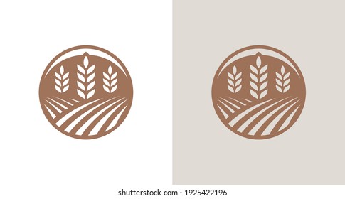 modern farming land silhouette logo, natural wheat garden logo emblem in a circle border