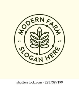 Modern Farming Logo Concept. Tree Leaf Tech Lines Logo Design Vector