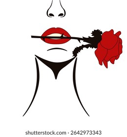 Modern fashion art. Passionate Woman Portrait. Vector illustration of red rose in woman's teeth. Elegant love greeting card t-shirt print postcard cover template design. Room interior card. EPS 10