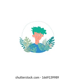 Modern fashion boy face with plant decoration. Avatar of fashionable young man with tropical leafes and flowers. Flat design elements,  males portrait. Modern style head.