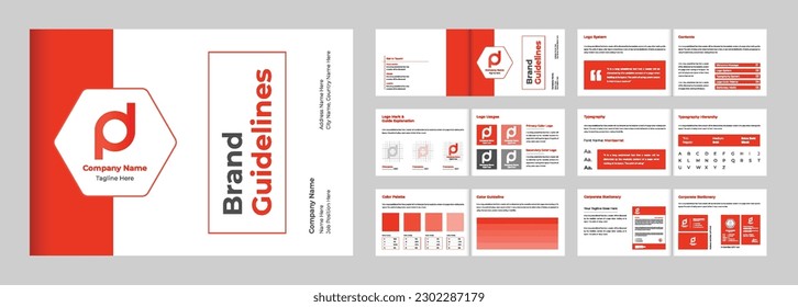 Modern fashion brand guidelines layout vector with orange and dark colors. Business brand presentation magazine template design with logo guidelines. Brand manual identity book vector.