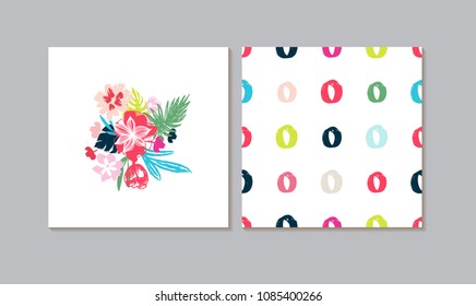 Modern Fashion Card Set with Flowers And Sound Brush Stokes Seamless Pattern 