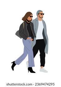 Modern fashion couple walking side view. Stylish man and young woman in casual outfit, urban clothes for autumn, fall season, street style. Vector illustration isolated on white background.