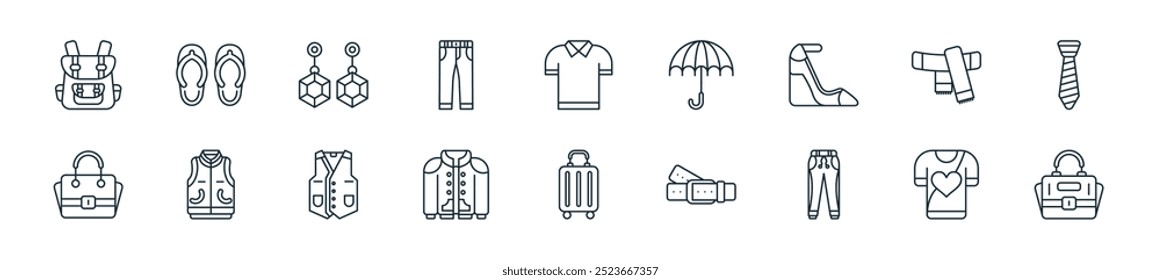 modern fashion icon pack. perfect for linear ui designs featuring vector bag, shirt, trousers, belt, luggage, varsity jacket, vest and more icons for mobile and web apps.