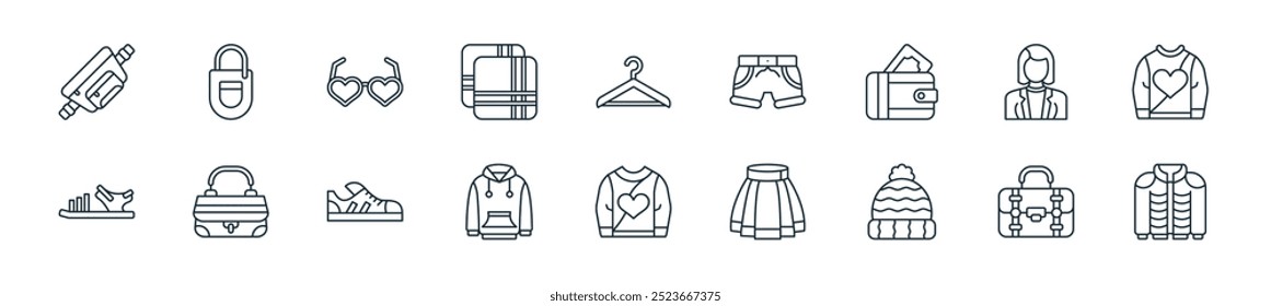 moderno fashion icon pack. perfeito para projetos de ui lineares com jaqueta vetorial, pasta, chapéu de inverno, saia, camiseta, capuz, casual e mais ícones para aplicativos móveis e web.