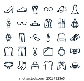 modern fashion icon pack. perfect for linear ui designs featuring vector hat, sweater, clothes, bag, sock and more icons.