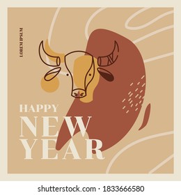 Modern fashion illustration for the new year 2021. The bull is hand-drawn in simple shapes.