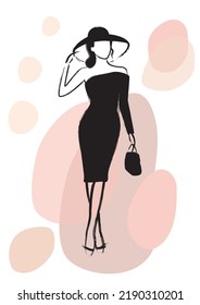 Modern fashion illustration of a woman in a black dress and hat with handbag. Stylish abstract line brush art.