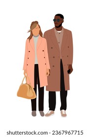 Moda moderna Parada interracial. Hombre negro, joven rubia vestida de forma casual, ropa urbana para el otoño, temporada de otoño, abrigos elegantes. Ilustración vectorial aislada en fondo blanco.