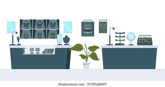 Modern fashion jewelry store design interior with retail display showcase vector illustration. Luxury boutique shop offering great assortment of percussions and gold accessories on stand for sale