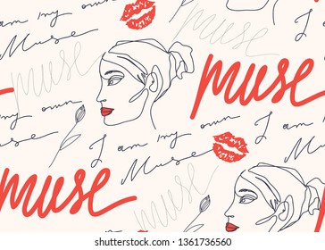 Modern fashion pattern with continuous line, drawing of woman face. Fashionable template for design. Signs "I AM MY OWN MUSE"