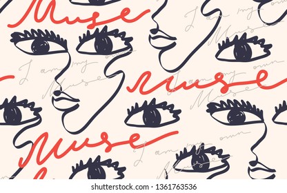 Modern fashion pattern with continuous line, drawing of woman face. Fashionable template for design. Signs "MUSE"