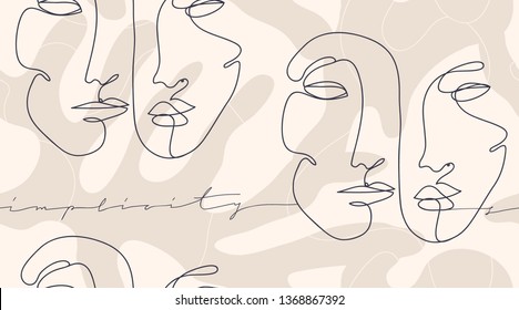 Modern fashion pattern with continuous line, drawing faces. Fashionable template for design. Signs "SIMPLICITY".