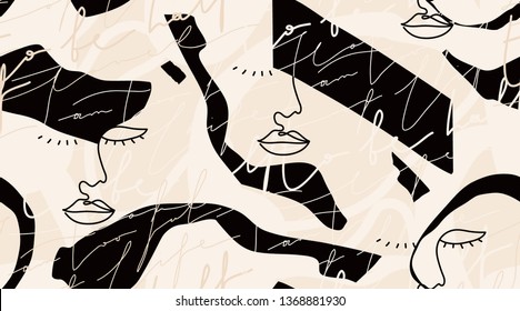 Modern fashion pattern with continuous line, drawing of woman face. Fashionable template for design. 