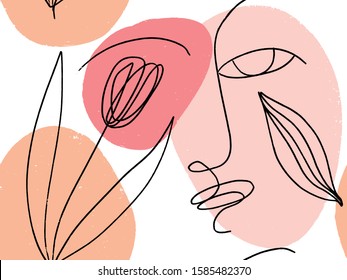 Modern fashion pattern with continuous line, drawing of woman face. Fashionable template for design.