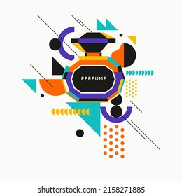 A modern fashion poster in the youth style consists of various geometric shapes and a perfume bottle. Perfume for women.