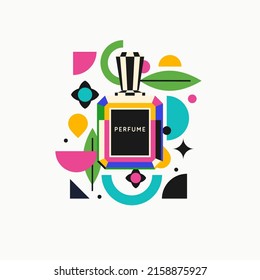 A modern fashion poster in the youth style consists of various geometric shapes and a perfume bottle. Perfume for women.