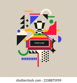 A modern fashion poster in the youth style consists of various geometric shapes and a perfume bottle. Perfume for women.