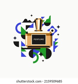 A modern fashion poster in the youth style consists of various geometric shapes and a perfume bottle. Perfume for women.