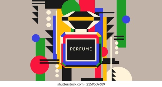 A modern fashion poster in the youth style consists of various geometric shapes and a perfume bottle. Perfume for women.