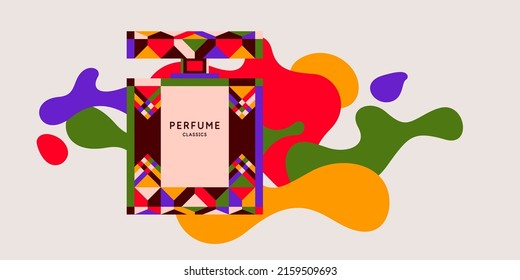 Un póster moderno de estilo juvenil se compone de varias formas geométricas y una botella de perfume. Perfume para las mujeres.