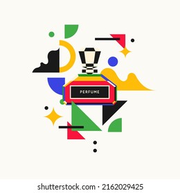 A modern fashion poster in the youth style consists of various geometric shapes and a perfume bottle. Perfume for women.