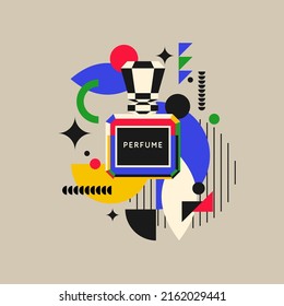 A modern fashion poster in the youth style consists of various geometric shapes and a perfume bottle. Perfume for women.