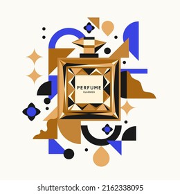 A modern fashion poster in the youth style consists of various geometric shapes and a perfume bottle. Perfume for women.