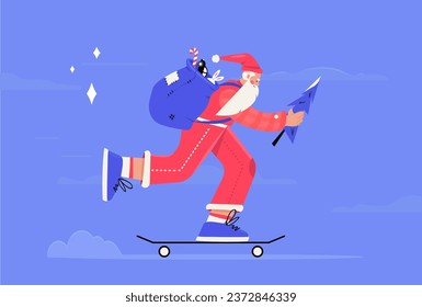 Modern fashion Santa Claus skateboarding and delivering gifts. Happy New Year 2024 and Merry Christmas. Wearing hipster plaid flanel shirt. Trendy flat style.