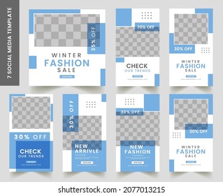 Modern Fashion social media post stories bundle template. Creative Minimalist concept design with blue colors.