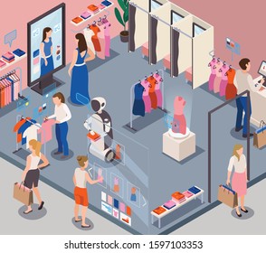 Modern fashion store retail service robots providing personal customer assistance recommending clothing choices isometric composition vector illustration 