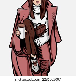 Modern fashion vector illustration of abstract young woman wearing elegant urban trousers, casual sweater and stylish coat and drinking coffee