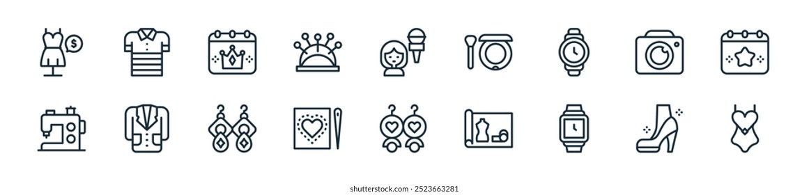 modern fashion week icon pack. perfect for linear ui designs featuring vector swimsuit, shoe, watch, sketch, earrings, sewing, earrings and more icons for mobile and web apps.