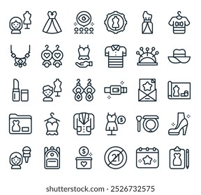 moderno fashion week icon pack. perfeito para projetos de iu linear com prancheta vetor, calendário, limite de idade, captação de fundos, mochila e mais ícones.