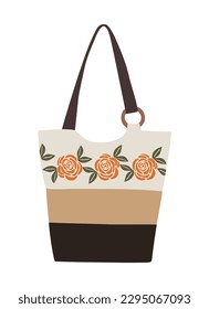 Modern fashion women bag. Female casual shoulder bag with roses flower print. Fashionable handmade accessory. Hand drawn trendy Vector illustration isolated on white background